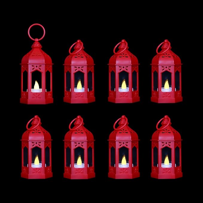 LLQ 8 Pcs Mini Lantern Decor Moroccan Lantern with Flickering LED Candle Table Centerpiece Small Vintage Christmas Hanging Lamp Ornaments Bulk for Wedding Halloween Christmas Party (5 Inch,Red)
