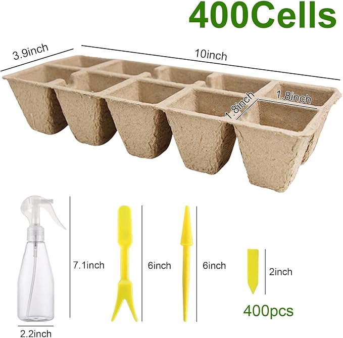 400 Cells Seed Starter Tray, 40 Pack Biodegradable Seed Starter Kit, Peat Pots for Seedlings with 400 Plant Labels, 2 Seed Planting Tool and 1 Spray Bottle