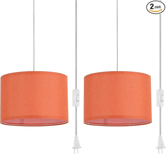 2 Pack Plug in Pendant Light, Hanging Light with 15Ft Clear Cord, On/Off Switch, Dark Orange Fabric Lamp Shade, Hanging Light Fixture for Bedroom, Kitchen