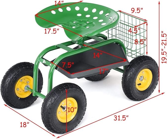 S AFSTAR Rolling Garden Seat, Outdoor Lawn Yard Patio Work Seat with Heavy Duty Wheels, Swivel Seat, Tool Tray & Basket, Garden Cart Wagon Scooter (Green)
