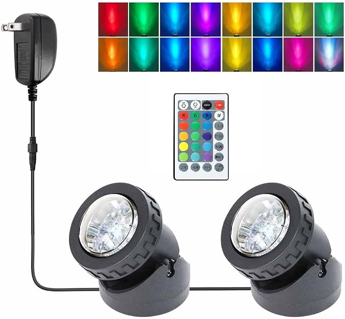 Pond Lights Colored with Timer, Submersible Fountain Light | Weighted IP68 Waterproof Dimmable Memory Color Changing Outdoor Landscape Lights for Pond Fountain Garden, 2 lights