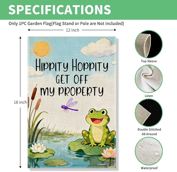 Perfectinsoy Hippity Hoppity Get Off My Property Funny Garden Flag, Doormat Human Rights Yard Banner, Cute Frog Flags, Humor Welcome Yard Farmhouse Lawn Summer Outdoor Decor, Housewarming Flag Gifts