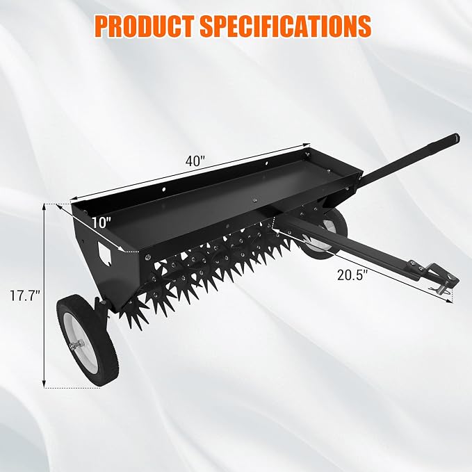 GarveeLife 40 Inch Tow Behind Aerator, Aerator Lawn Tool with Universal Hitch, Adjustable Handle, Transport Wheels, Lawn Aerator Compatible with Tractors for Garden, Farm and Lawn, Black