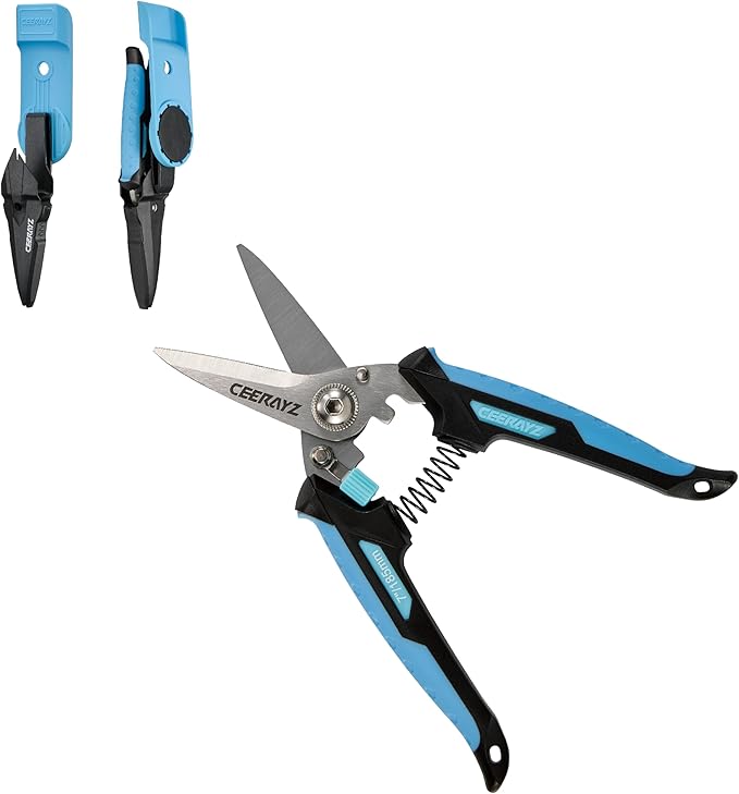 7" Scissors All Purpose, Heavy Duty, Multipurpose, for DIY Projects, Office, Production Lines, Pruning, with Protective Sheath and Magnetic Holder (Black/Blue)