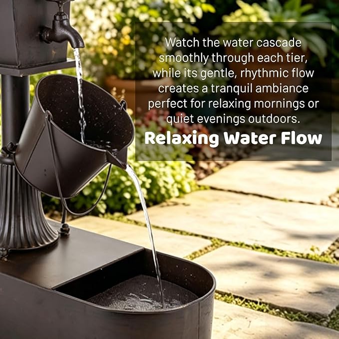 Metal Water Fountain Outdoor 27" Birdhouse Waterfall Fountain, Rustic Outdoor Water Fountain with Tilted Bucket for Garden Patio Yard Deck Decor, Dark Bronze