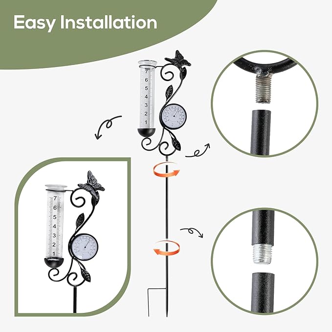 Rain Gauge Outdoor, Black Butterfly Rain Gauge with Thermometer for Measuring Precipitation, Garden Decoration,Yard Garden Patio Lawn (Black Butterfly)