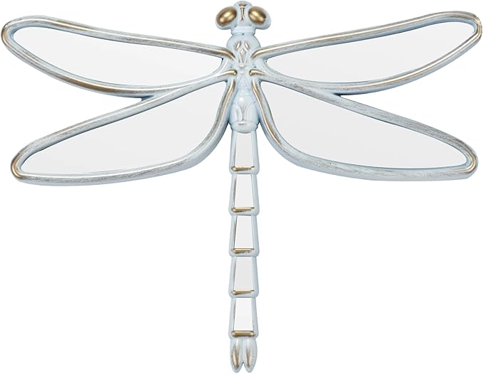 Decorative Dragonfly Wall Mirror, Plastic Frame with Mirrored Wings (12.4 x 9.3 inches) (White)