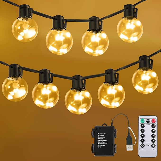 30ft Outdoor String Lights Battery Powered, 20 G40 Warm White LED Bulbs Hanging Lights Dimmable with Timer, IP65 Waterproof Bulb Shatterproof for Patio Backyard Balcony Christmas Decor