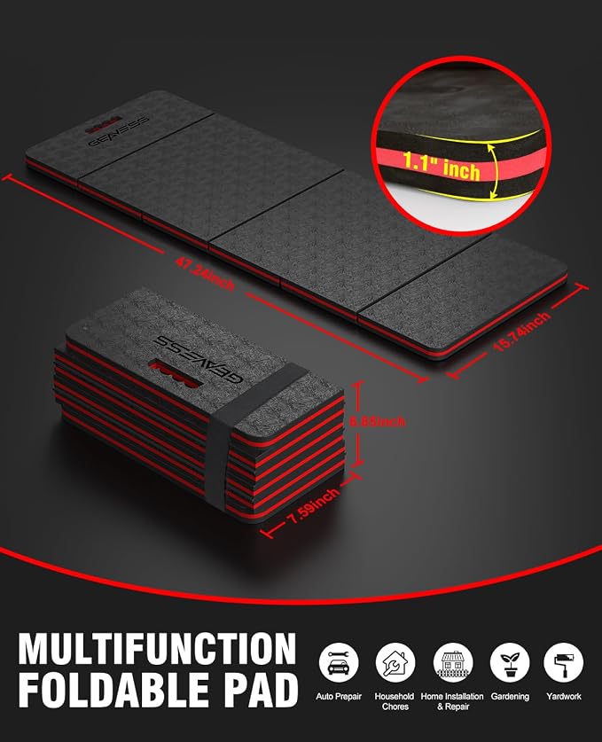 Foldable Kneeling Pad, 47.2" Large Supportive Mechanic Mat with Handle & Storage Strap, Extra Thick Comfortable Foam Knee Pad for Gardening, Garage, Workshop Repairing