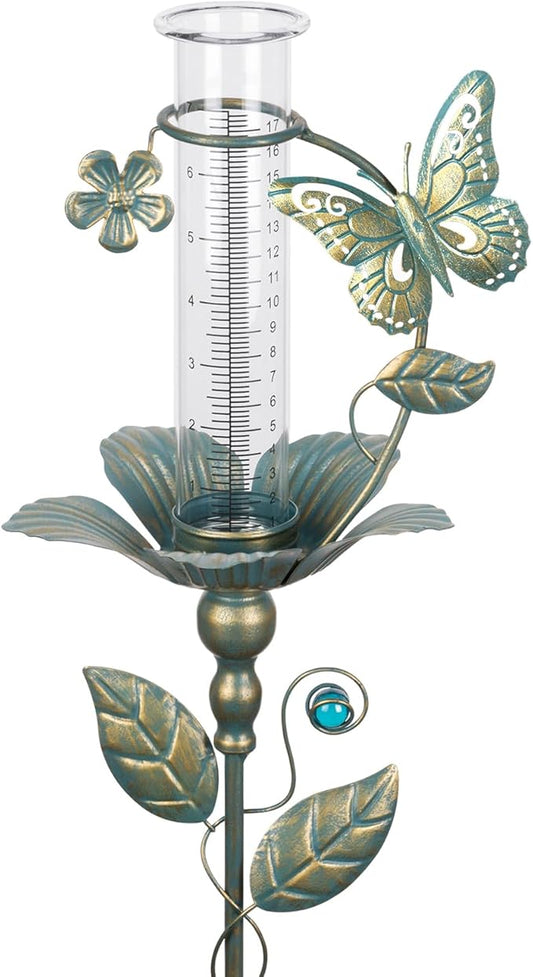 shumi Rain Gauge Outdoor Butterfly, Upgraded Glass Rain Gauge Outdoors Best Rated, Freeze Proof Adjustable Height Rain Gauges for Yard Garden Decor, Gardening Gifts for Women