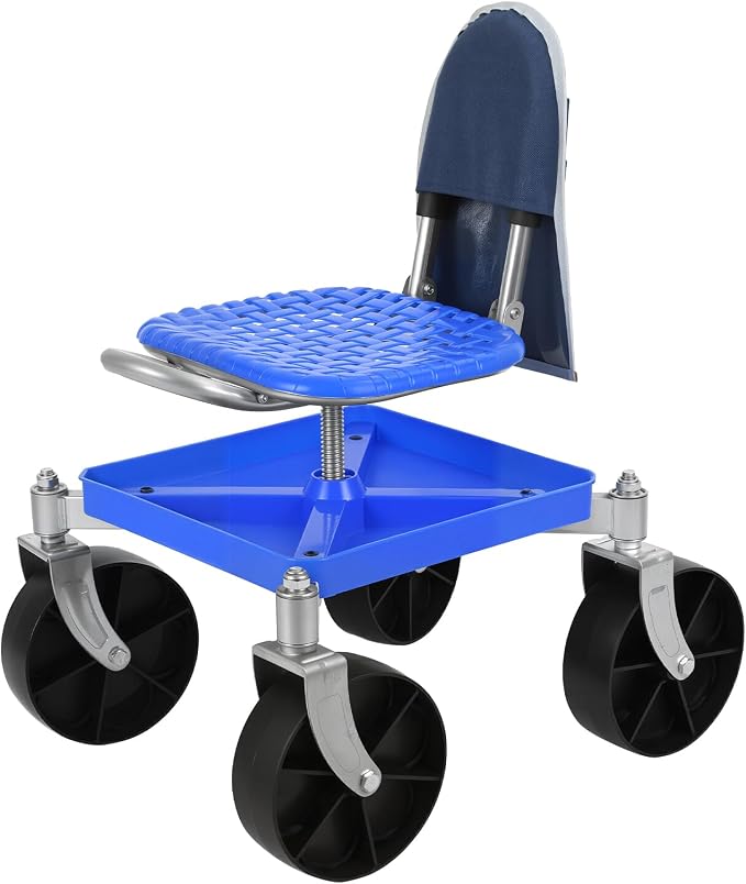 Cuteam Rolling Gardening Seat, Height Adjustable Garden Work Seat with Wheels, Heavy Duty Garden Tool Cart with Storage Tray for Seniors Yard Patio Work, 330 Lbs Capacity (Blue)
