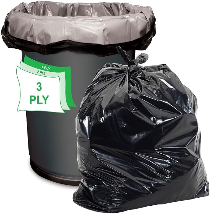 Aluf Plastics - 3 Ply Trash Bags, 56 Gallon, 1.55 Mil (eq), 43"x47", Black, 400 Count (20 Rolls of 20)