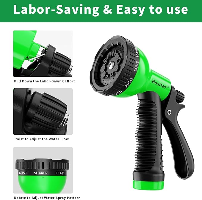 Besiter Garden Hose Nozzle Sprayer: 10 Watering Patterns Spray Nozzles Heavy Duty Hose Head Hose Attachment (Green)