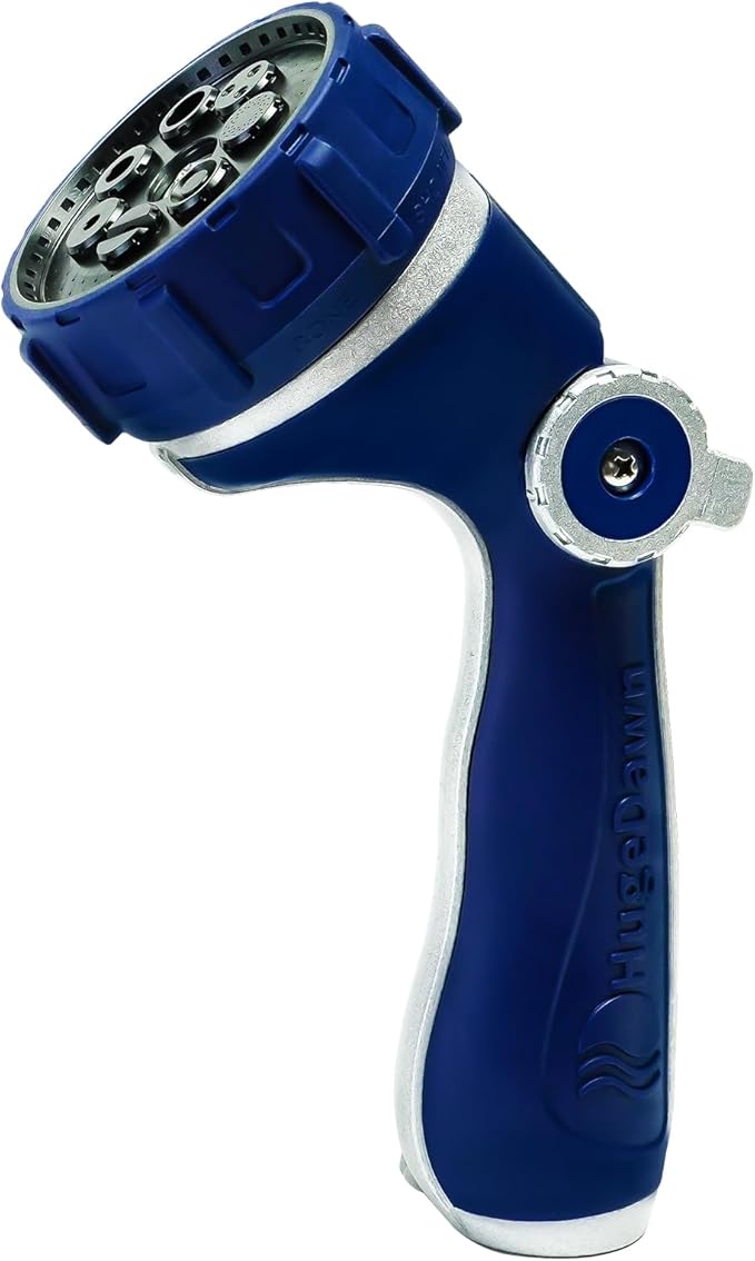 HugeDawn Garden Hose Nozzle with 7 Spray Patterns, Heavy Duty Metal Sprayer 30% Greater Water Flow for Watering, Car Wash, Outdoor Cleaning (Blue)