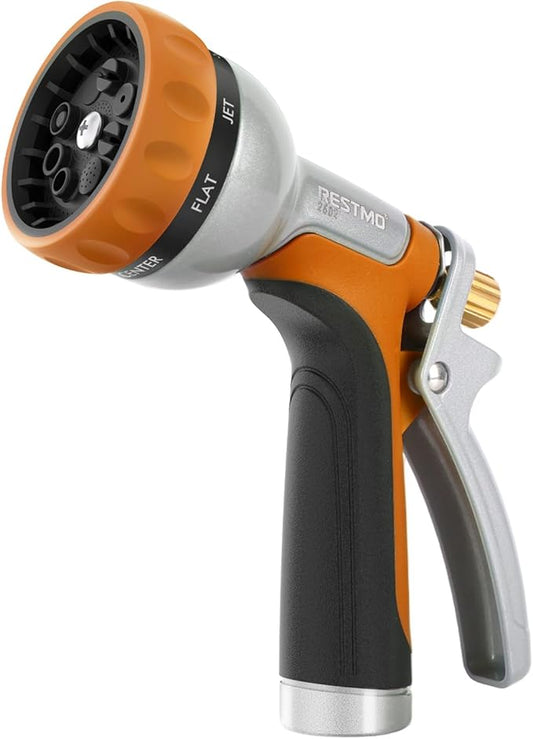 RESTMO Heavy Duty Metal Garden Hose Nozzle, Water Hose Nozzle with 7 Adjustable Spray Patterns, High Pressure Hose Sprayer with with Flow Control, for Plants & Lawns, Washing Cars & Pets, Orange