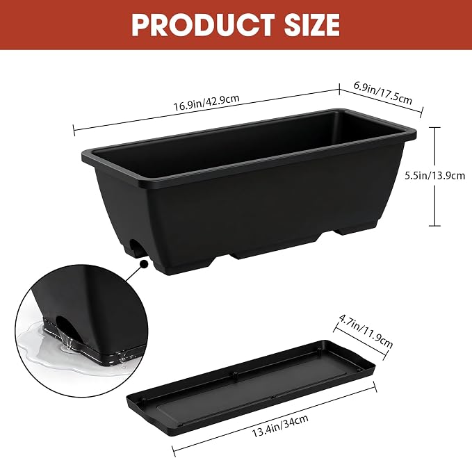 Rectangle Planters Box, 4 Pack Deck Hanging Planters for Railings, Window Box Planter with Drainage Holes & Trays, 16.9 Inch Balcony Planters Railing Hanging with Metal Brackets, Black