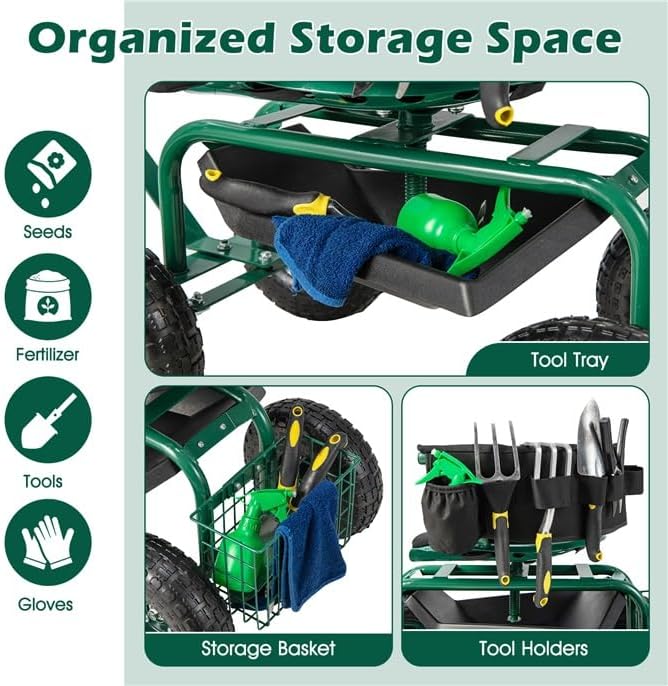 ERGOMASTER Garden Cart Rolling Workseat with Wheels,2 Steering Handles,360 Degree Swivel Seat & Tool Storage, Use for Patio, Yard, and Outdoors Workseat, Green