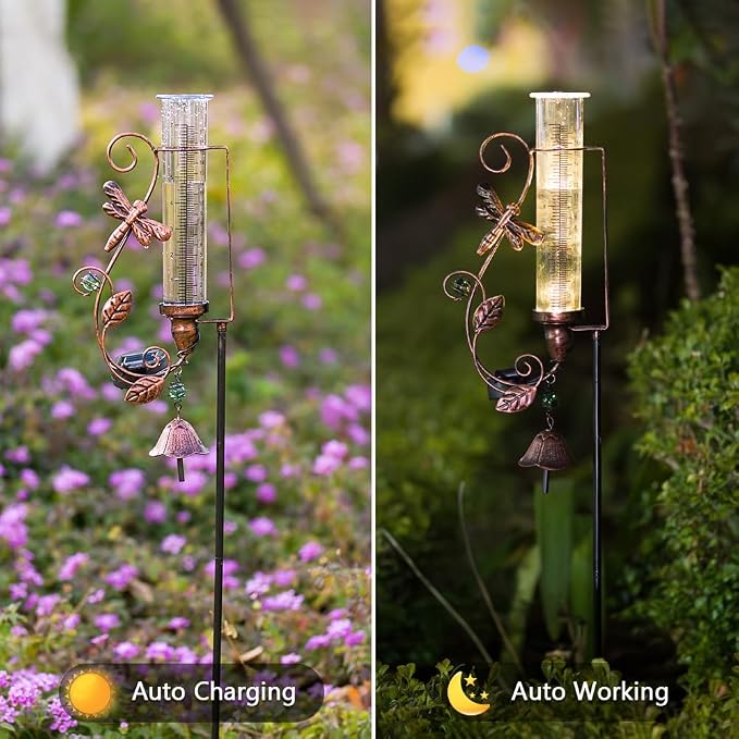 Rain Gauge Outdoor, Solar Rain Gauges with 7" Plastic Tube, Dragonfly Metal Rain Gauge with Decorative Bell for Garden Yard Lawn Decor