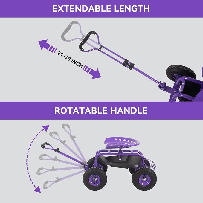 Rolling Garden Cart - Outdoor Workseat with Wheels, Heavy Duty Garden Tool Cart with Storage Bracket and Tool Tray for Yard, Planting Gardening Work (Purple)