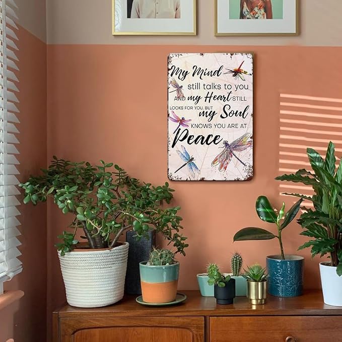YOYI ART Metal Dragonfly Wall Decor Sign - My Mind Still Talks to You, Vintage Tin Signs for Home, Bedroom, Kithcen, Garden, Patio and Yard Wall Art Accessories, Gifts for Women, 8 x 12 inch