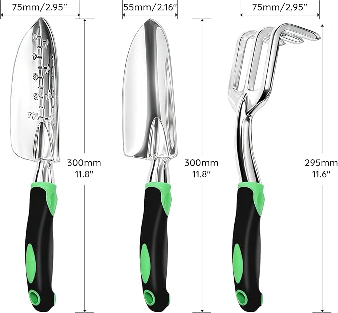 Garden Tool Set, 3 Pack Aluminum Heavy Duty Gardening Kit Includes Hand Trowel, Transplant Trowel and Cultivator Hand Rake with Soft Rubberized Non-Slip Ergonomic Handle, Garden Gifts