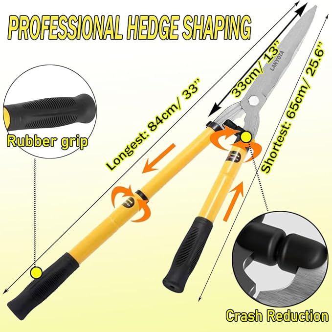 Telescopic Hedge Shear, 25 to 33Inch Garden Shears,Carbon Steel Wavy Sharp Blades,Extendable Garden Hedge Clippers Scissors,Long Handle,Ideal for Gardening Grass Lawn Pruning Hedges Shrubs Trimming