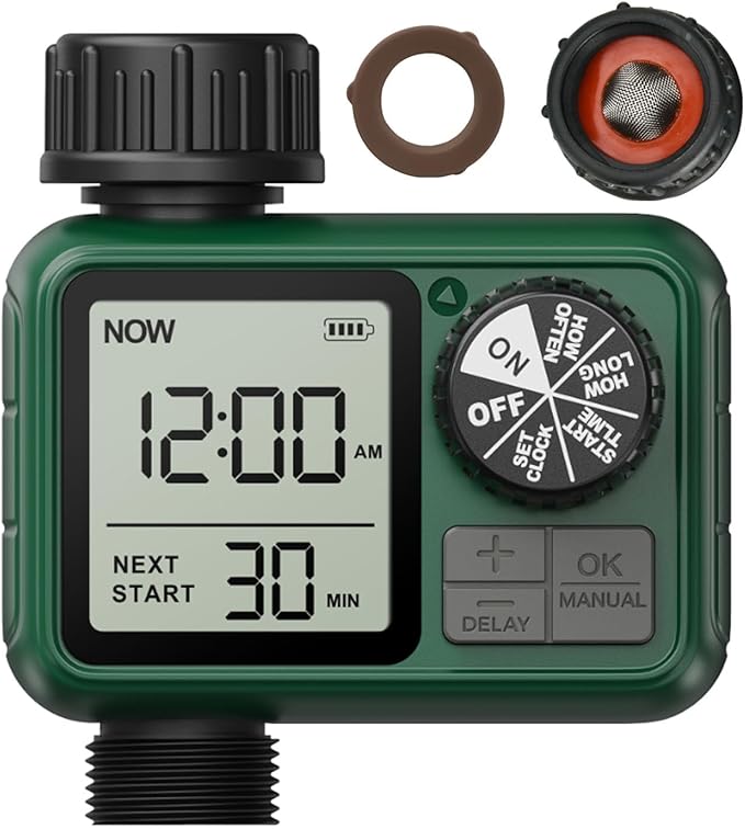 Water Timer for Outdoor Garden Hose, Sprinkler Timer for Garden Faucet with Auto/Manual/Rain Delay Mode, Sprinkler Irrigation Controller for Yard Lawn (1 Zone Plastic Inlet)