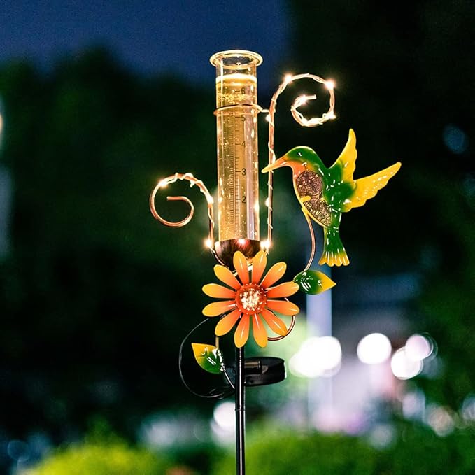 Stargarden Hummingbird Rain Gauge Outdoor,Metal Solar Rain Gauge Decorative Waterproof for Yard Garden Patio Lawn