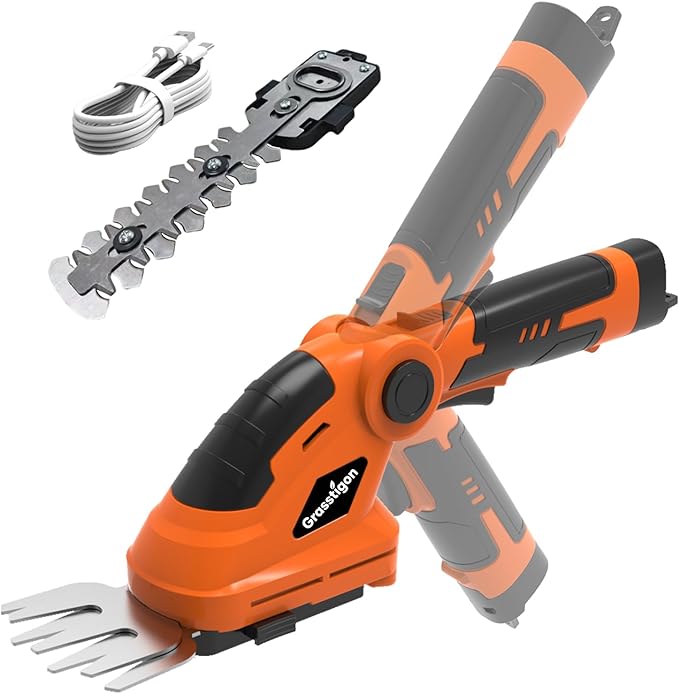 Grasstigon 7.2V Hedge Trimmer Cordless, 2 in 1 Grass Shear Handheld, Electric Bush Trimmer, Lightweight Rechargeable Shrub Trimmer for Garden Yard Lawn (Orange)