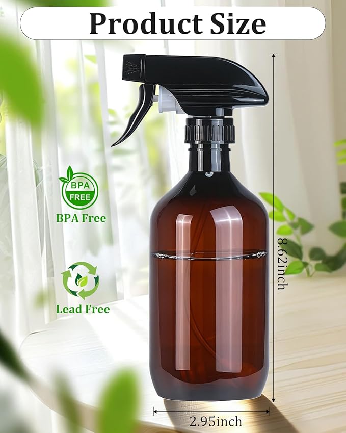 2 Pack 360° Spray Bottles, 16 oz Plastic Small Containers with Adjustable Spray Nozzles, Spray Bottles for Hair, Cleaning Solutions, BBQ and Plants Amber&Clear