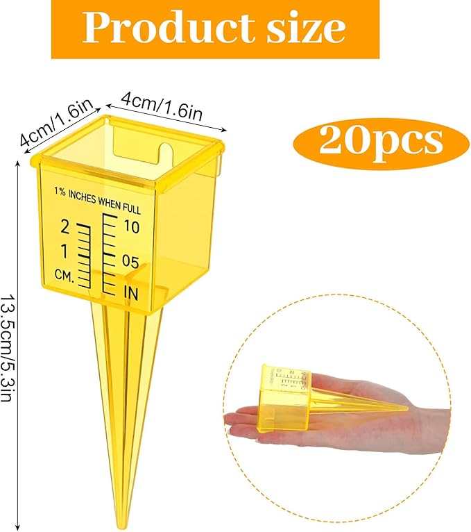 20pack Yellow Transparent Rain Gauge, Sprinkler Gauge Compact Portable 1.5" Wide Mouth Outdoor Rain Gauges For Yard Lawn Garden With Inch And Centimeter Scales Accurate Rainfall Measurement