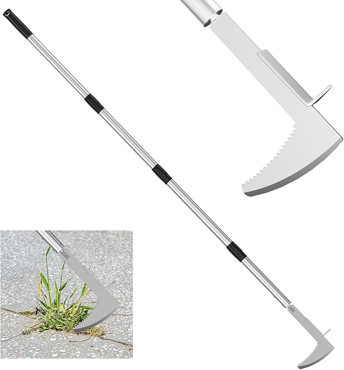 Crack Weeder, Stainless Steel Crevice Weeding Tool with 22'' to 64'' Adjustable Long Handle, L-Shaped Manual Weed Puller Spatula, Weed Remover Gardening Tool for Sidewalks Driveways Patio Pavers Rocks