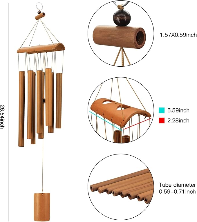 VIREKM Bamboo Wind Chimes, Memorial Sympathy Wood Wind Chimes Wooden Windchimes for Outdoors with Natural Sounds, Indoor Decorations for Patio Porch Garden Decor and Backyard