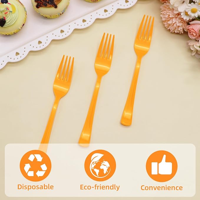 50 Pcs Orange Plastic Forks, Orange Plastic Silverware, Heavy Duty Plastic Cutlery Set Disposable Utensils Sets for Brithday, Wedding, Baby Shower, Fall Party, Halloween, Thanksgiving Day