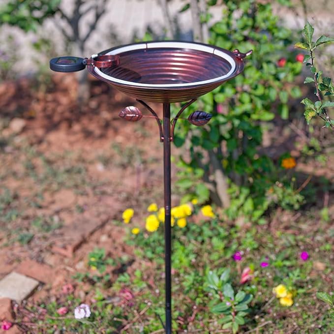 dreamysoul Bird Baths for Outdoors 15" Dia Large Metal Bird Bath with Solar Strip Lights, 5 Prongs Outdoor Copper Birdbath for Lawn Yard Garden Decor