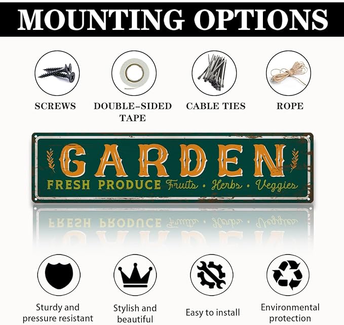 Garden Metal Tin Sign, Fresh Produce Fruits Herbs Veggies, Vintage Farmhouse Outdoor Wall Decor, for Garden Porch Patio Fence Yard, for Gardening Lovers, 15.7 x 3.9 Inches