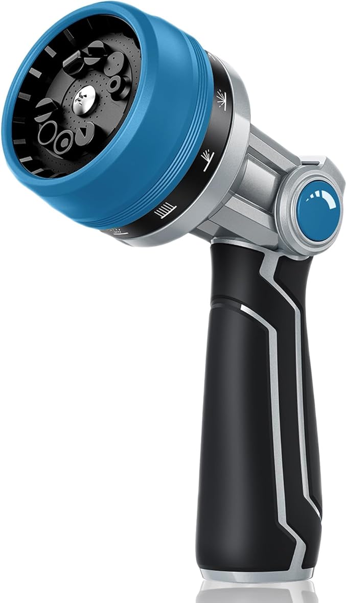 RAINPOINT Full-Metal Garden Hose Nozzle, Heavy Duty Water Hose Nozzle Sprayer With 10 Adjustable Patterns & High Flow,Thumb Control For Flow Adjustment, Ideal For Watering, Washing, Cleaning,Blue