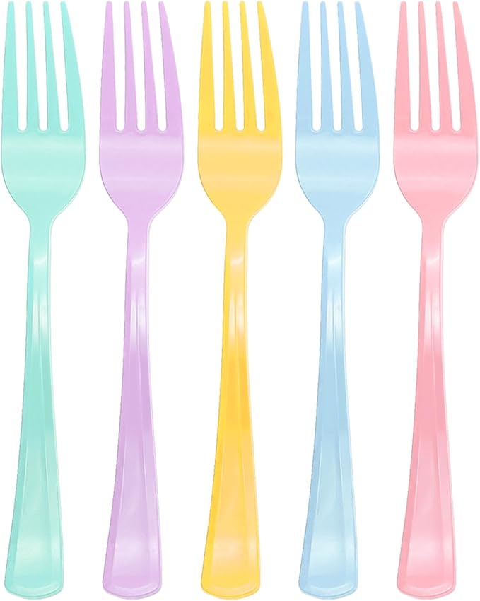 50 Pcs Pastel Plastic Forks, Pastel Plastic Silverware, Heavy Duty Plastic Cutlery Set Disposable Utensils Sets for Brithday, Wedding, Tea Party, Garden Party