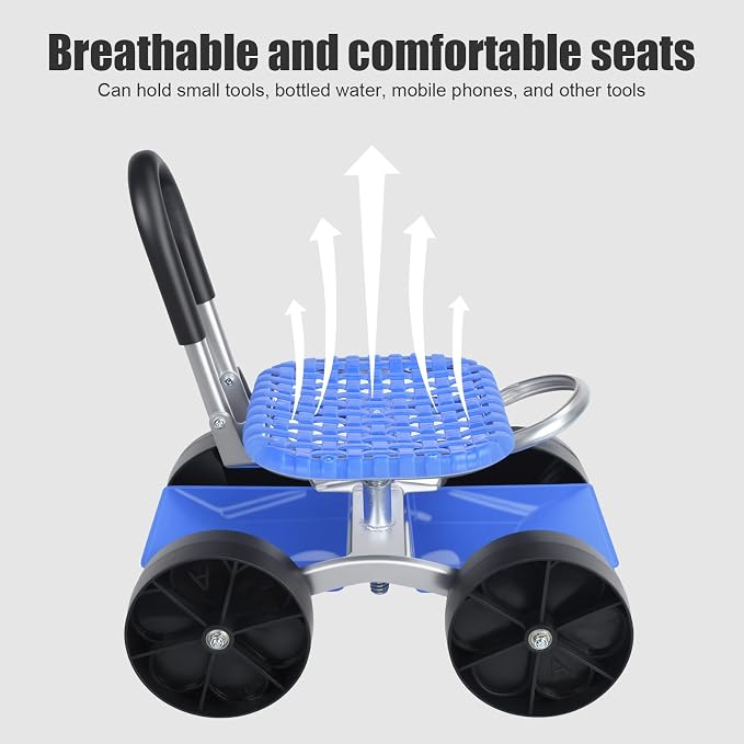 Height Adjustable Rolling Garden Seat with Tool Tray - 360° Swivel Stool on Wheels, Mobile Gardening Cart for Seniors & Elderly Gardeners (Blue 2)