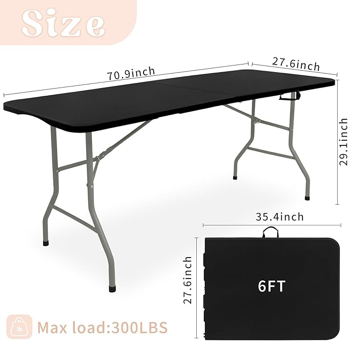 Set of 2 Folding Table 6 FT Lightweight Camping Table Black Portable Plastic Rectangular Outdoor Dining Table Steel Legs Fold-in-Half with Carrying Handle for Indoor,Picnic,Party,Wedding,Events