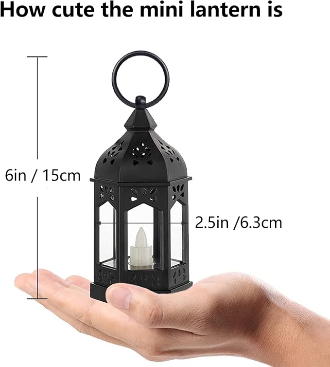 Mini Lantern with Flickering LED Candles Set of 10, Hewory Black Vintage Decorative Hanging Candle Lanterns for Halloween, Christmas, Wedding Decorations, Party, Table Centerpiece, Battery Included