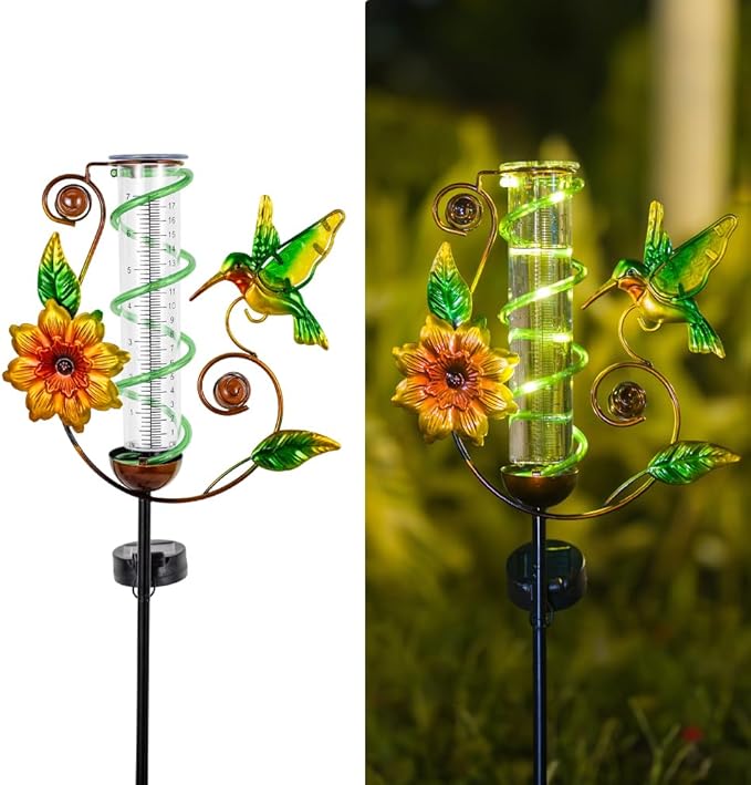 Rain Gauge Outdoor, Solar Rain Gauges for Yard, Hummingbird Freeze Proof Rain Gauge with 7" Plastic Tube, Metal Decorative Water Gauge with Led Light