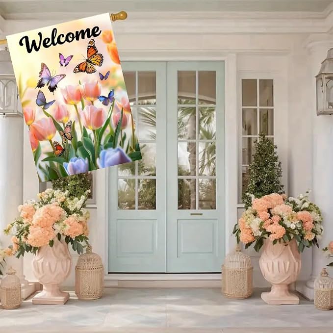 House Flags for Outside 28 x 40 Double Sided, Large Garden Flag Spring Summer Tulip Welcome Outdoor Flags Seasonal Farmhouse Outdoor Yard Décor