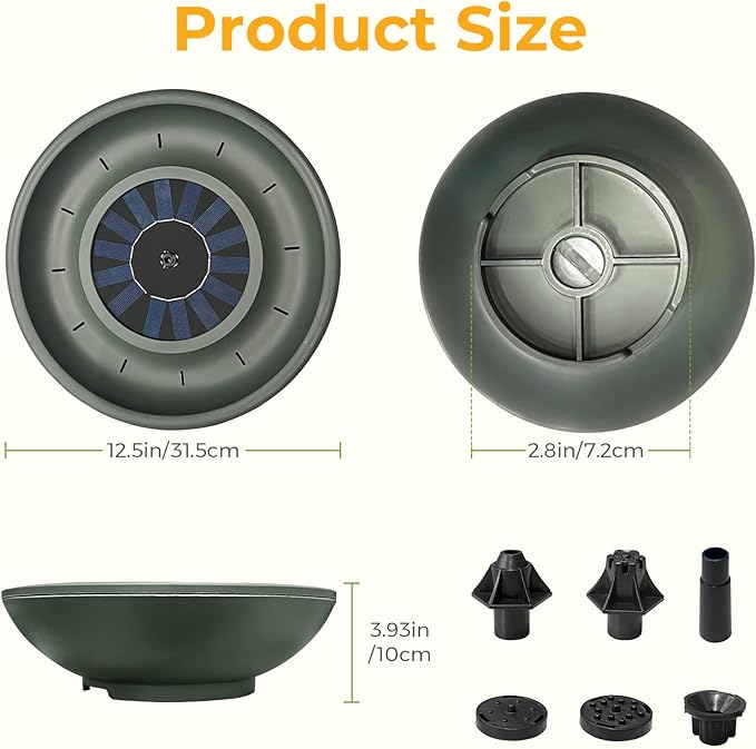 Solar-Powered Birdbath Water Fountain with 6 Bubbler Spray in 4" Height Freestanding Bird Playing Bowl for Garden, Patio, Yard, Balconies and Lawns