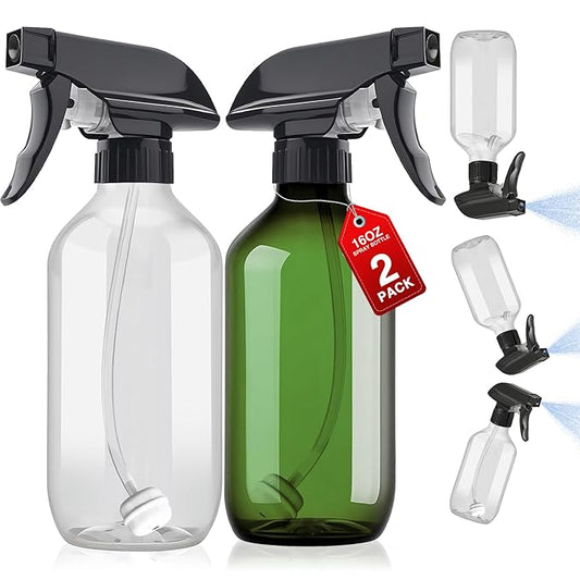 2 Packs Plastic Spray Bottles 360°Water Spray Bottle for Cleaning - 16.9 oz/500 ml Upside Down Spray Bottle Small Squirt Bottle with Adjustable Nozzle for Hair, Cooking, Plant, Pet (Clear + Green)
