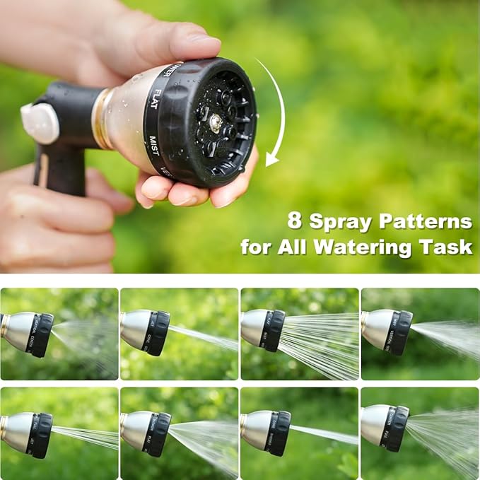 FANHAO Garden Hose Nozzle 100% Heavy Duty Metal, Water Hose Sprayer High Pressure with 8 Spray Patterns, Thumb Control, On Off Valve for Garden Watering, Car and Pet Washing