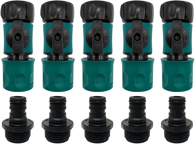 Plastic Garden Hose Quick Connect with Shutoff Valve Set Male and Female, 3/4” Quick Connectors with Valve for Water Hose Coupling, Quick Release Kit Hose Fittings and Adapters (5 Sets/ 10 Pc)