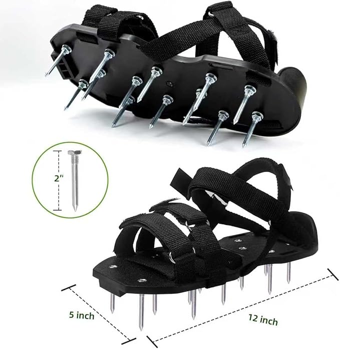 Lawn Aerator Shoes Pre-Assembled, Heavy Duty Lawn Spike Shoes with Adjustable Straps, Soil Aerating Tools for Yard Patio Garden, Includes Cleaning Shovel, Restores Lawn Health (Black)