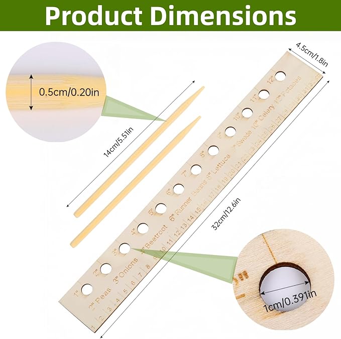 Spacer Tool Seeder Planting Ruler, Precision Seed Spacer & Ruler with Holes and Plant Dibber, for Vegetable, Garden, Yard, Wooden with Holes