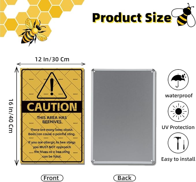 EMOHAT Caution No Trespassing Honeybees Metal Tin Sign, Honeybees at Work Warning Sign for Garden Farm Orchard, 16x12 Inch Rustic Novelty Decor for Garage Home Outdoor